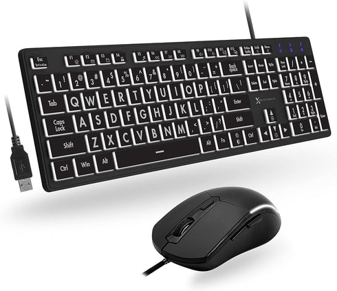 X9 Performance Large Print Lighted Keyboard and Mouse Combo, USB Wired Backlit Keyboard for Elderly, Low Vision Users