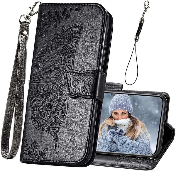 iPhone 11 Wallet Case, Women Flip Folio Cover with Butterfly Embossed PU Leather Stand Card Holder Slots, Magnetic