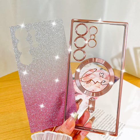 Fiyart Love Heart Plating Clear Case for Samsung Galaxy S24 Ultra, Pink