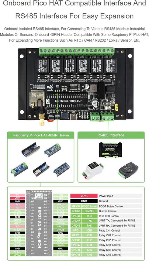 Waveshare Industrial 6-Channel ESP32-S3 Relay Module, Supports Wi-Fi/BLE/RS485 Control, Onboard Interfaces for Expansion