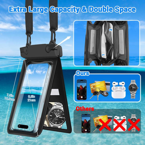 Waterproof Phone Pouch, IPX8 Double Space Cell Phone Case for iPhone 15/14/13 Pro Max Plus, 2 Pack (Black)