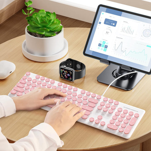 Typewriter Keyboard, 104-Key Punk Retro Gaming Keyboard, Wired USB, LED White Backlit, Cute for PC/Win/Mac/Laptop (Pink)