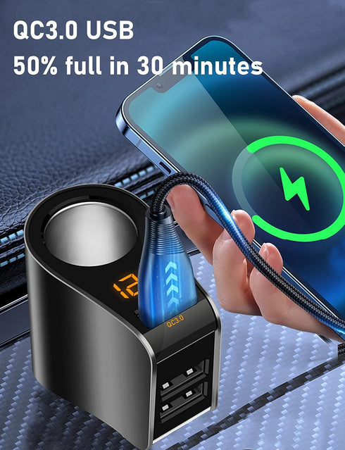 LIHAN Cigarette Lighter Socket Adapter, Car Charger QC3.0, 12V/24V Outlet Plug Splitter with Multi USB Ports, Voltmeter Compatible for iPhone, Galaxy, GPS