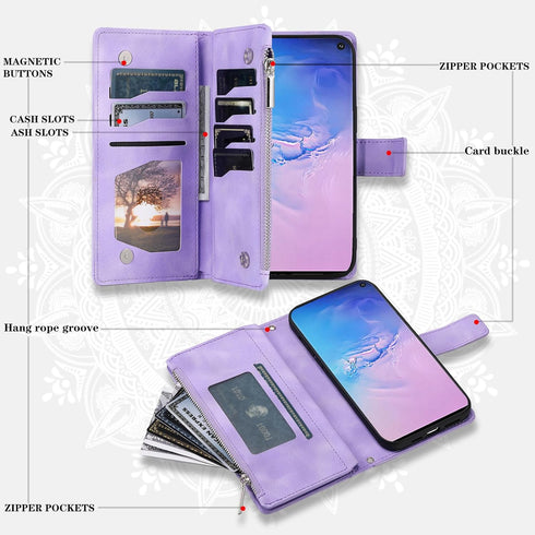 Asuwish Galaxy S10 Wallet Case with Mandala Flower, Tempered Glass, Wrist Strap, Zipper Card Holder, Purple.