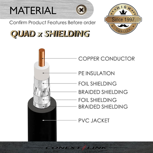 Conext Link RG6 Quad Shield Coaxial Cable, 18 AWG, 3GHz, 75 Ohm, F Connector, Black (3FT) 33001