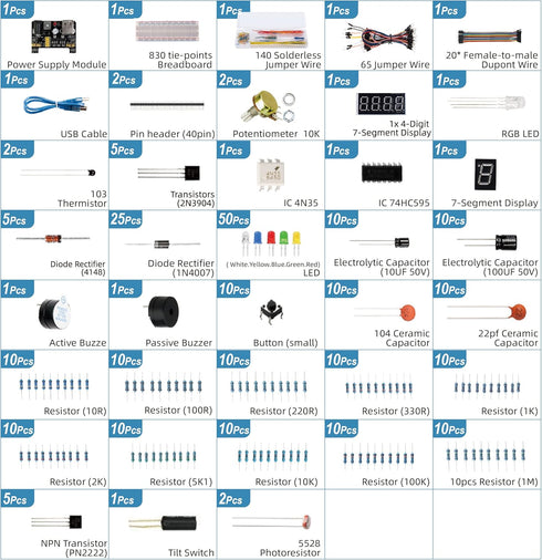 Miuzei Electronics Component Fun Kit, Supply Module, Jumper Wire, Breadboard, Compatible with Arduino