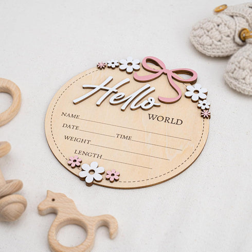 6 Inch Wooden Baby Announcement Sign Round Birth Stat Plaque with Floral and Bow Design (Hello World)