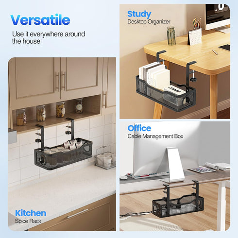 Under Desk Cable Management Tray, No Drill Cable Management Box with Clamp for Desk Wire Management - Black