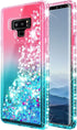 Case for Samsung Galaxy Note 9 with Screen Protector, Pink/Aqua, Sparkle Glitter Flowing Liquid, Ring Holder/Wrist Strap