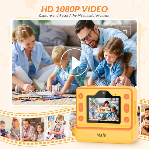 Mafiti Kids Camera Instant Print, 1080P Selfie Digital Camera with 2.4 Inch Display for Ages 3-12 (Orange)
