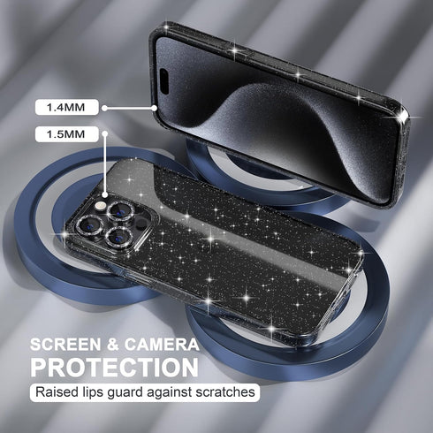 Choiche Cute Clear Glitter Bling Case for iPhone 15 Pro Max, Includes 3 Diamond Camera Lens Protectors, Glitter Black