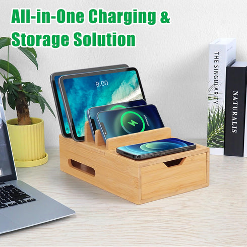 Bamboo Charging Station for Multiple Devices, Desk Organizer with Drawer & Tray, Wood Docking Station, 6 Cables