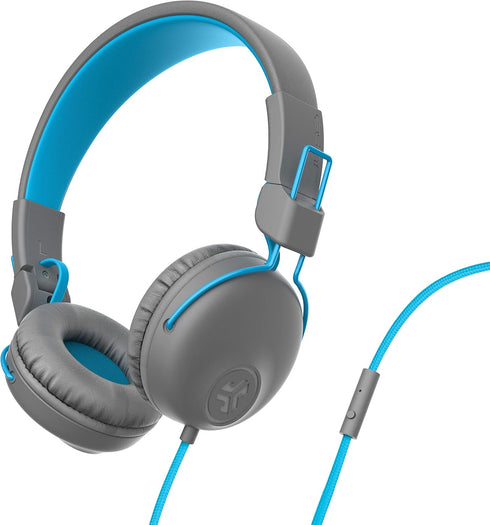 JLab Studio On-Ear Headphones, Wired, Gray/Blue, Ultra-Plush Faux Leather, 40mm Neodymium Drivers, Tangle-Free Cord.
