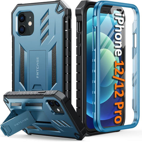 FNTCASE iPhone 12 Pro Case: Rugged Military Grade Drop Proof Cover with Kickstand, Matte Textured TPU, 6.1" - Blue