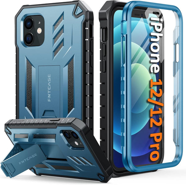 FNTCASE iPhone 12 Pro Case: Rugged Military Grade Drop Proof Cover with Kickstand, Matte Textured TPU, 6.1" - Blue