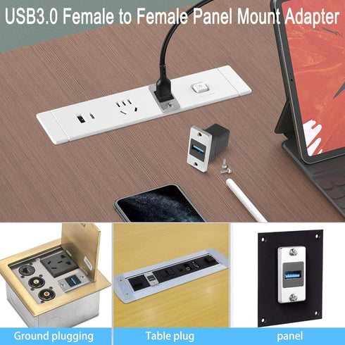 QIANRENON 5Gbps USB3.0 Rectangular Metal Panel Adapter, USB3.0 Female to Female Panel Mount Connector