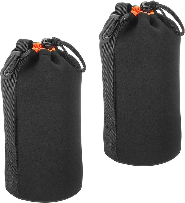PATIKIL 2 Pcs Camera Lens Bag, 3.9" ID x 9.8" H Drawstring Pouch with Thick Neoprene, Lens Case for DSLR, Black & Orange