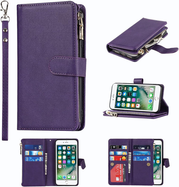 Jaorty Wallet Case for iPhone 7/8/iPhone SE 2nd 2020/iPhone SE 3rd 2022, 9 Card Slots, Zipper Cash Pocket, Purple