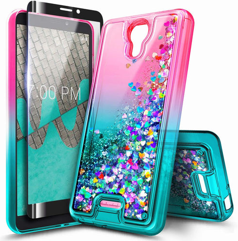 NZND Case for Cricket Icon 2 (2020) U325AC, Glitter Liquid Floating Waterfall Phone Case with Tempered Glass Protector