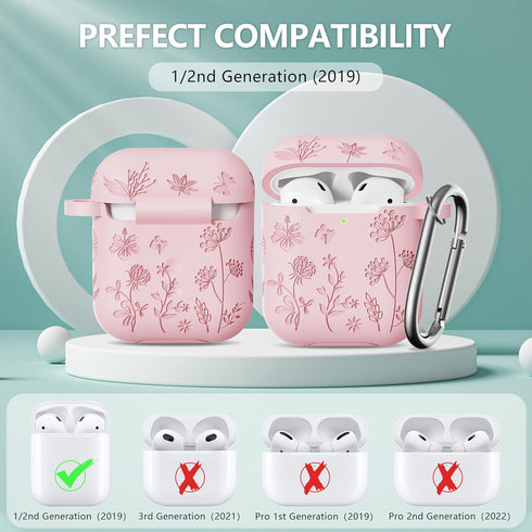 Compatible with Airpods Case - Flower Engraved Soft Silicone Case for Airpods 2nd Generation Case - Cute Case for Airpods Case 1st/2nd Generation with Cleaner Kit & Keychain (Pink)