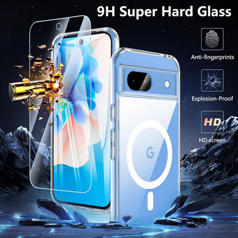 Hensinple Magnetic Case for Google Pixel 8A, Clear Slim Shockproof Cover with Screen Protector, Compatible with MagSafe.