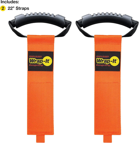 Easy-Carry Wrap-It Storage Straps - 2 Pack 22” Blaze Orange Heavy-Duty Hook and Loop Cord Carrying Strap with Handle