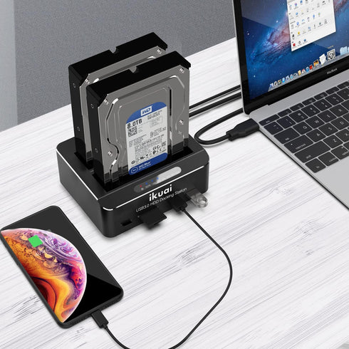 SATA to USB 3.0 Dual Bay Hard Drive Dock for 2.5"/3.5" SATA HDD SSD with 2 USB 3.0 Ports, Offline Clone Function