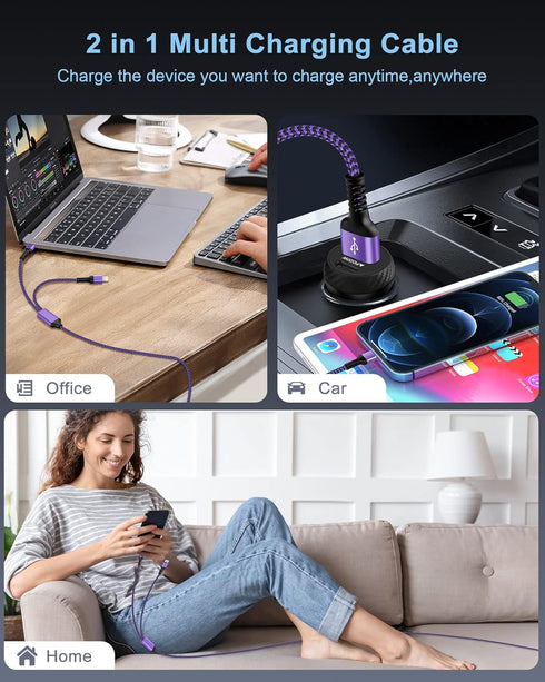 Multi Charger Cable with Lightning & USB C Port, 2 in 1 Nylon Braided Fast Charging Cord for Apple/Android