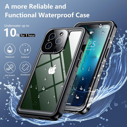 SPIDERCASE iPhone 13 Pro Case, Waterproof with Built-in Lens & Screen Protector, Heavy Duty Protection, Black/Clear