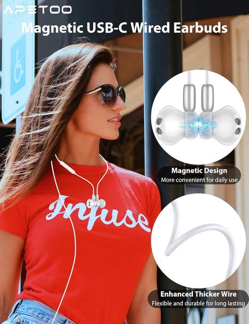 Magnetic USB C Headphones Wired Earbuds for Google Pixel 6 7a 8 Pro, iPhone 15 Pro Max, Samsung S24, Oneplus