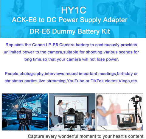 ACK-E6 AC Power Adapter with Dummy Battery Kit for Canon EOS R, R5, R6, 5D Mark III IV, 6D, 7D Cameras