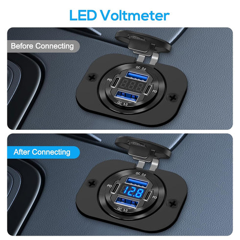 Linkstyle 12V USB Outlet Charger Socket Panel, Dual 18W QC3.0 USB-A & Dual 30W PD USB-C Port, LED Voltmeter for Car