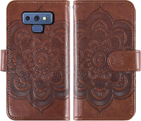 Asuwish Galaxy Note 9 Wallet Case with Flower Leather, Tempered Glass Protector, Flip Stand, Card Holder - Brown