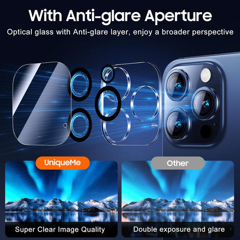 UniqueMe 3 Pack Camera Lens Protector for iPhone 15 Pro/Pro Max, 9H Tempered Glass, Drop Protection, Case Friendly,