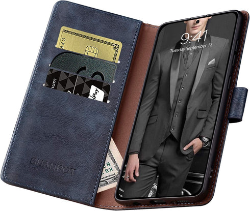 SUANPOT Leather Wallet Case for Samsung Galaxy A71 5G - RFID Card Holder, Shockproof Flip Folio, Blue