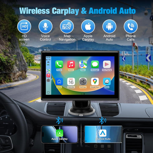 BOAODIFSH 7" Portable Wireless CarPlay Screen for Car Apple CarPlay & Android Auto, HD Touch Screen Car Stereo