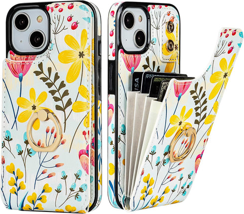 HAOPINSH Wallet Case for iPhone 13/14 with Card Holder, 360° Rotation Ring Kickstand, RFID Blocking Leather for Girls