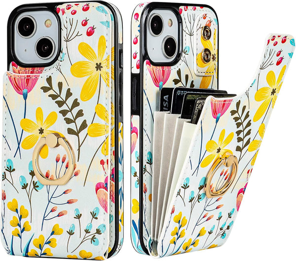 HAOPINSH Wallet Case for iPhone 13/14 with Card Holder, 360° Rotation Ring Kickstand, RFID Blocking Leather for Girls