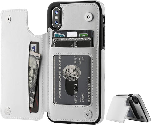 iPhone Xs iPhone X Wallet Case, Premium PU Leather Kickstand with Card Holder, Double Magnetic Clasp (White)