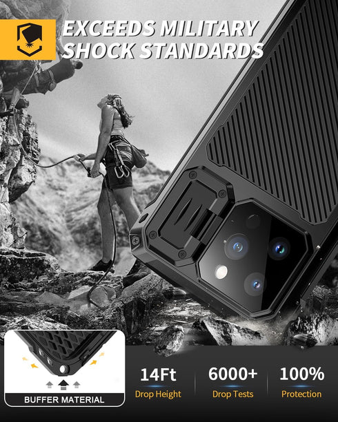 Lanhiem Metal Case for iPhone 15 Pro Max, Heavy Duty Shockproof Cover with Built-in Camera Kickstand & Glass Protector