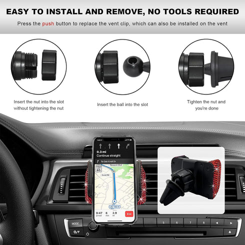 FSTURIOS 360 Bling Cell Phone Holder, Adjustable Rhinestone Car Phone Mount with Air Vent Base, Universal Shiny Crystal