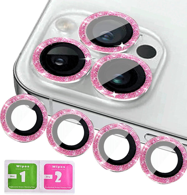 iPhone 14 Pro & Pro Max Camera Lens Protector - 3+1 Glitter Bling, Tempered Glass, Metal Ring, Case Friendly (Pink)