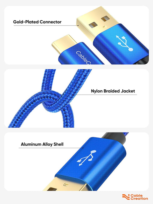 CableCreation Blue 6 inch USB to USB C Cable, 3A Fast Charging, Braided USB C Male to Male for Power Bank, Galaxy S23