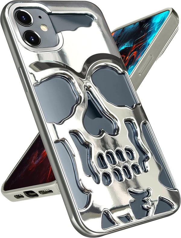 iPhone 12 Phone Case, Silver Cool Skull Skeleton Gothic Hollow Design for Men & Women
