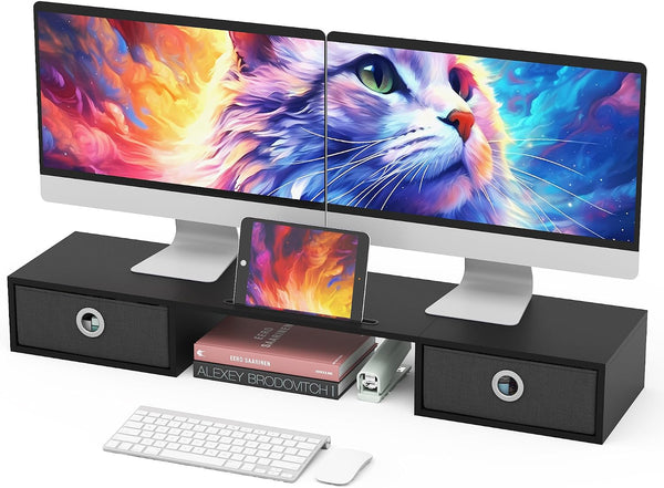 WESTREE Dual Monitor Stand Riser with Two Drawers, Extra Large Storage Monitor