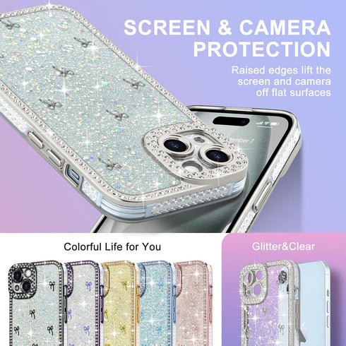 Wirvyuer 15, 15, Luxury Glitter Phone Case for iPhone Sparkling Diamond Glitter Back with Bows for Girls Women Slim