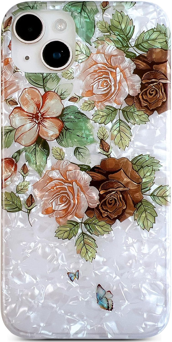 Qokey iPhone 15 Plus/iPhone 14 Plus Case, Cute Flower Soft Bumper Lightweight Fit Cover, Brown Floral