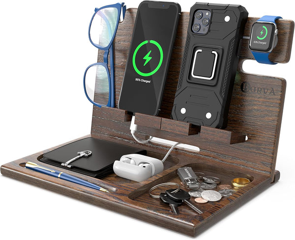 BarvA Two Phone Docking Station | Night Stand Desk Organizer | Wood Nightstand