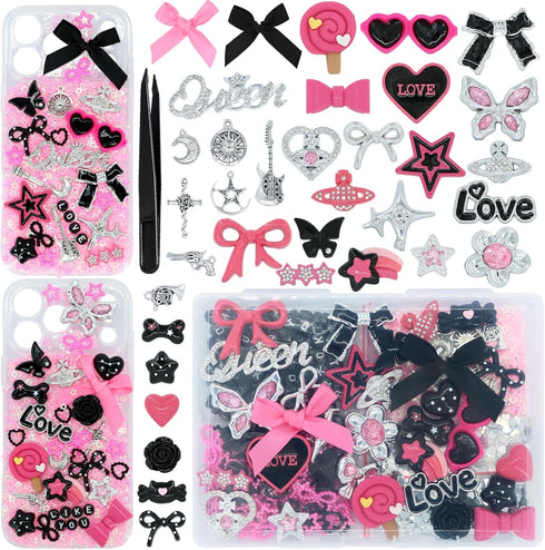 RIHYTFU Junk Case Charms Kit, Black Pink Junk Phone Case Charms for