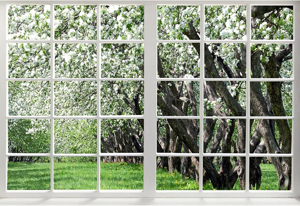 Renaiss 6x4ft White Flowers Trees Window Backdrop for Photoshoot, Spring Scenery Photography Background
